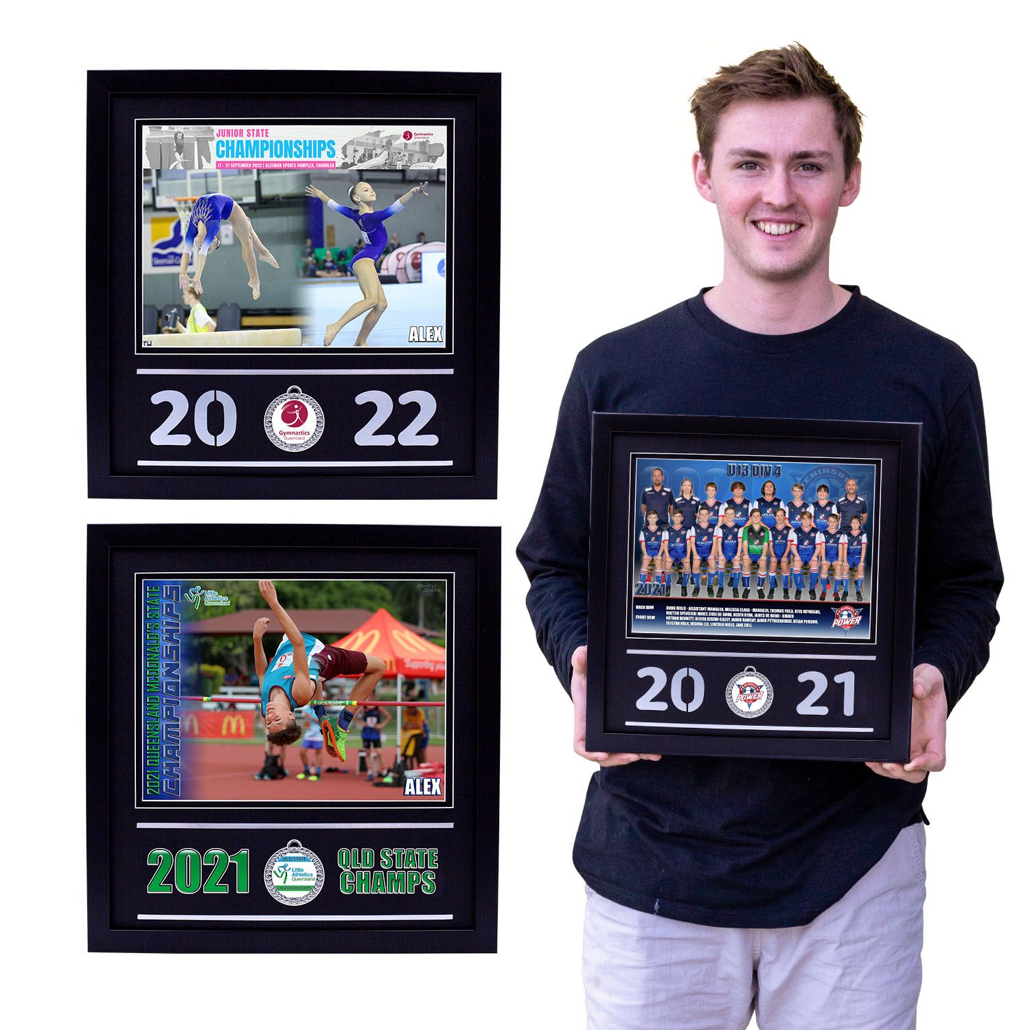 Athletic achievements displayed in framed photo collages showing sports moments from 2021-2022.