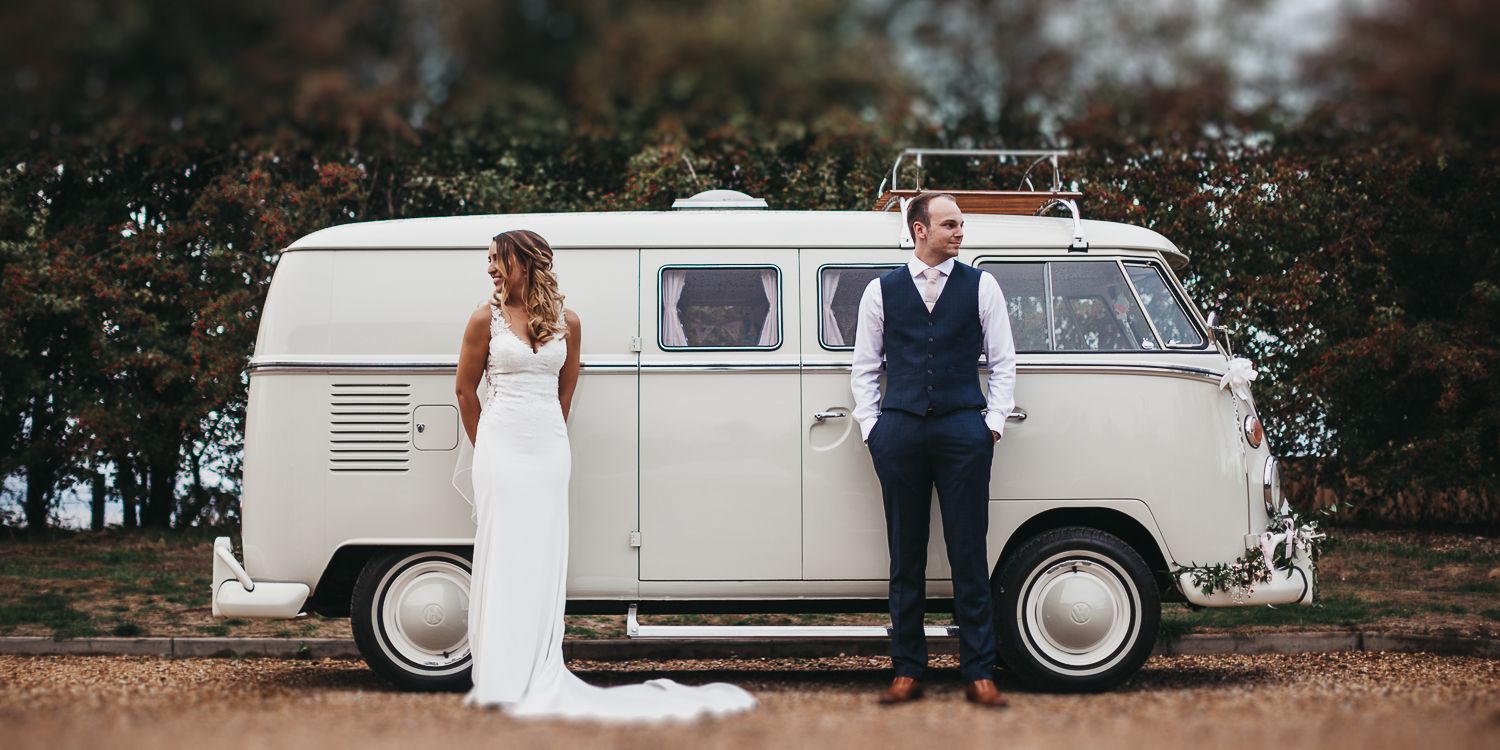 wedding VW camper van and bride and groom