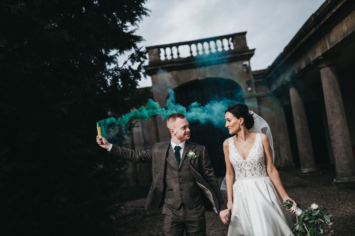 smoke flares at weddings at Prestwold Hall