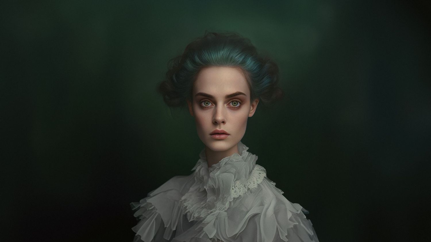 Elegant portrait with teal hair and ruffled white collar against dark green background.