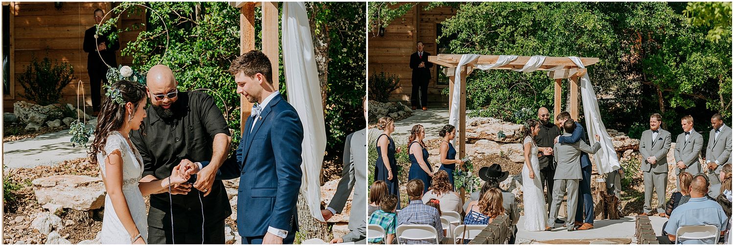 A series of wedding ceremony moments captured under a wooden arch with white draping.