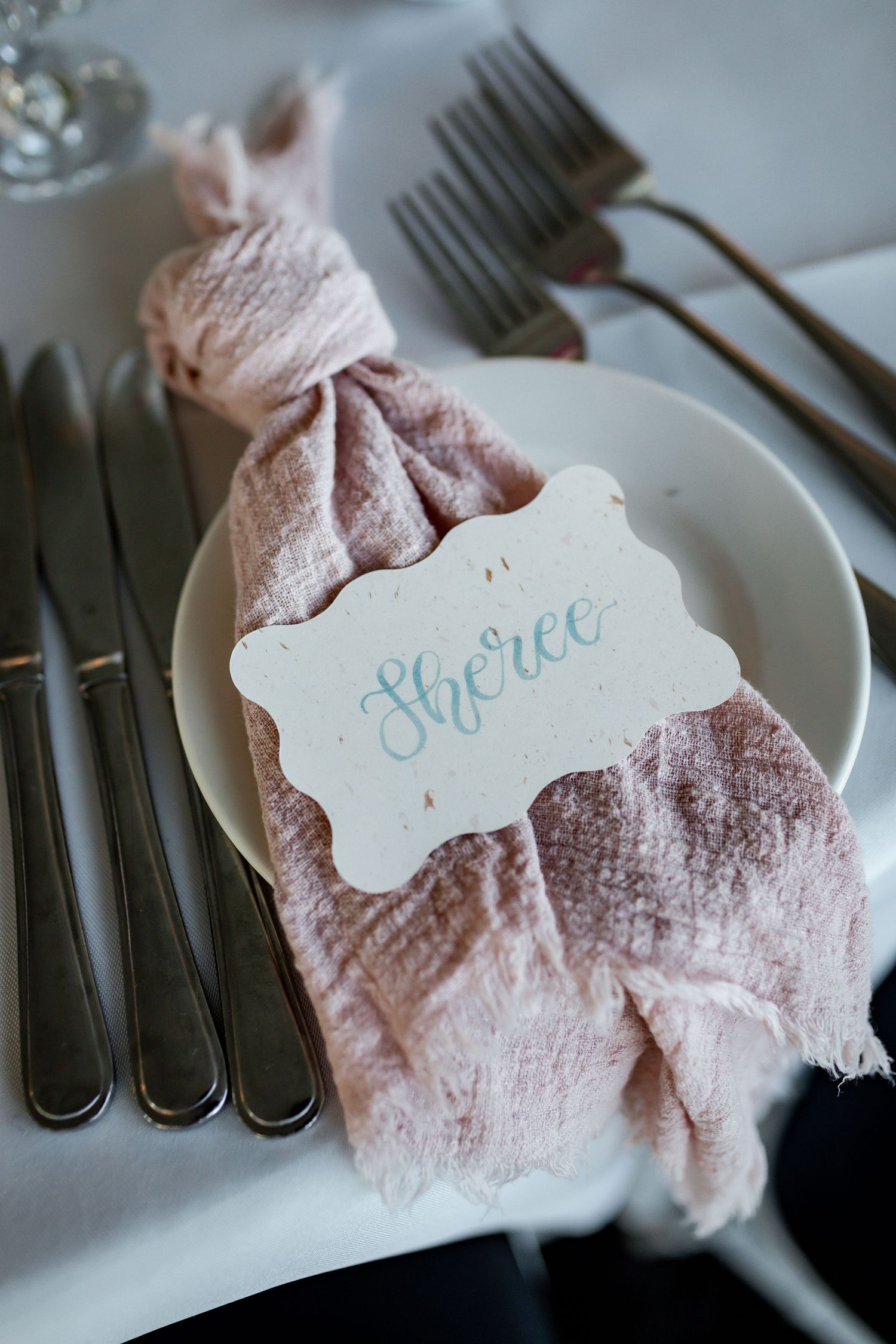 Place setting with pink linen napkin and decorative name card on white plate with silverware.