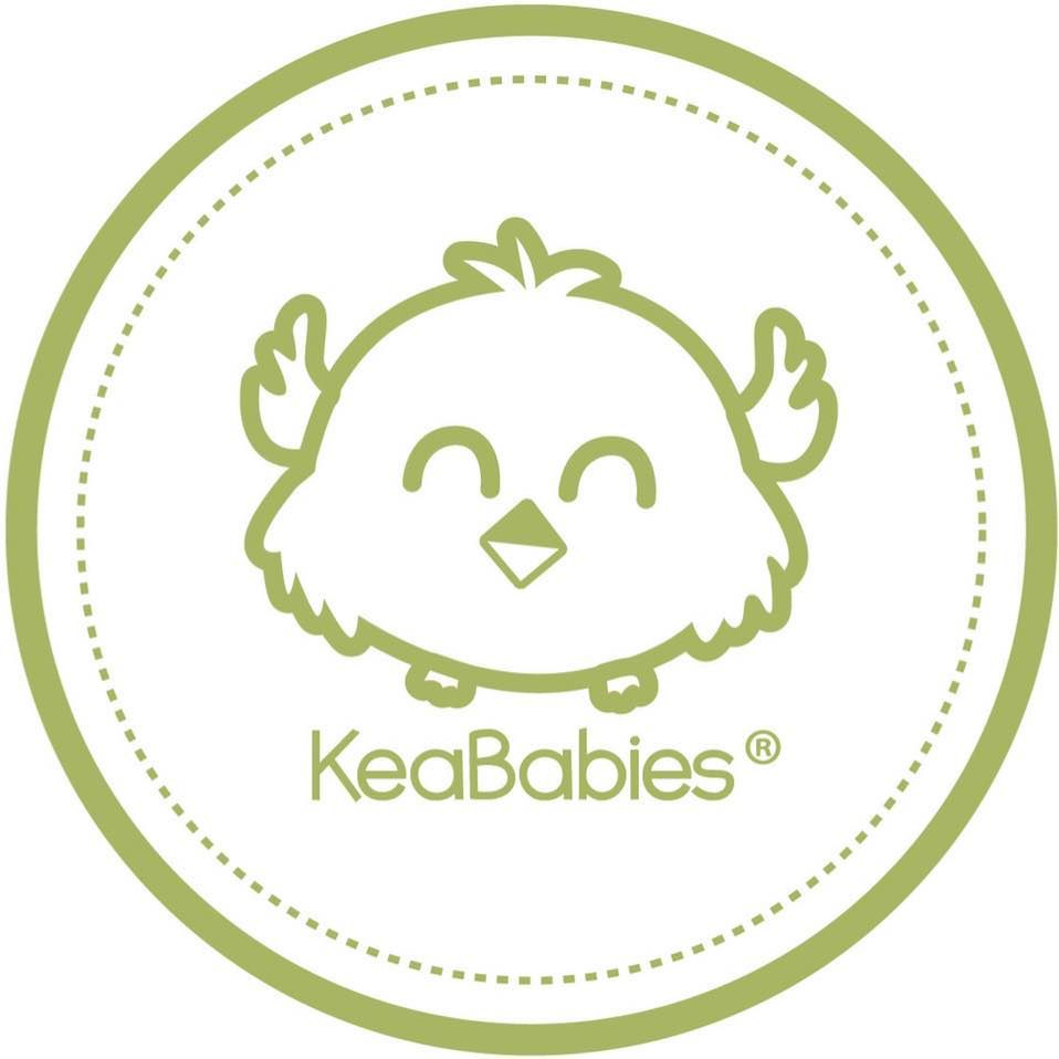 Five cute green KeaBabies brand logo icons arranged horizontally showing different baby and animal face designs.