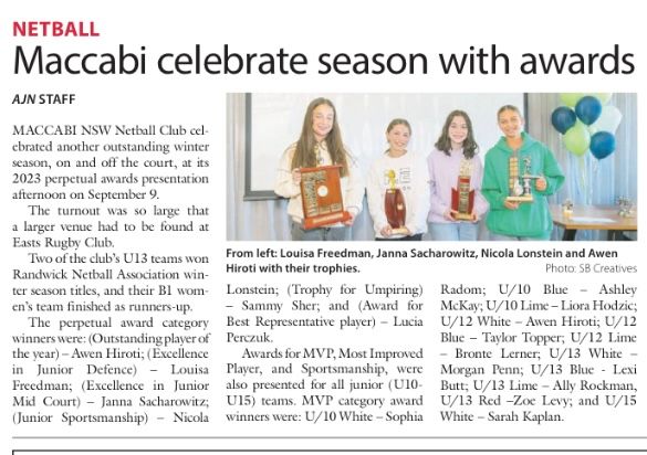 Newspaper clipping about Maccabi netball team awards celebration with group photo.