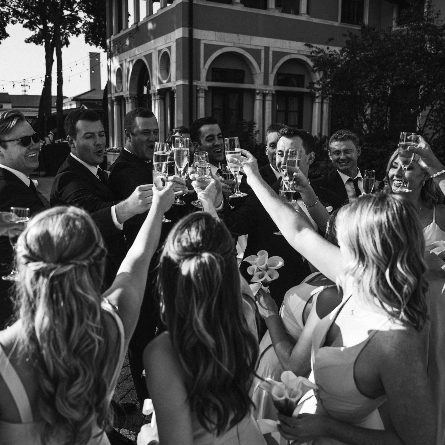 Wedding party celebrating at chicago based country club. film look.