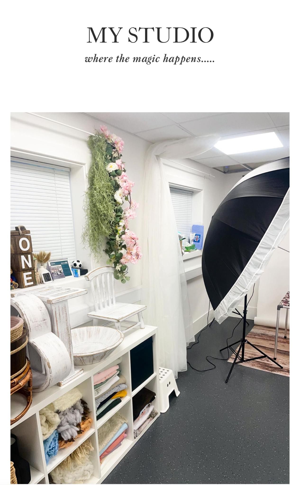 Professional photography studio with lighting equipment, props and floral decorations.
