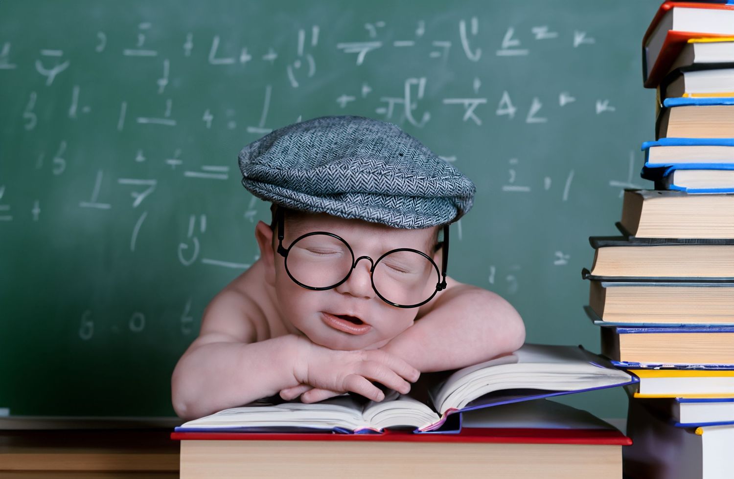Student rests head on stack of books by chalkboard with mathematical equations.