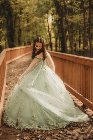 Beautiful mint green wedding gown with lace details twirls on wooden bridge in forest setting.