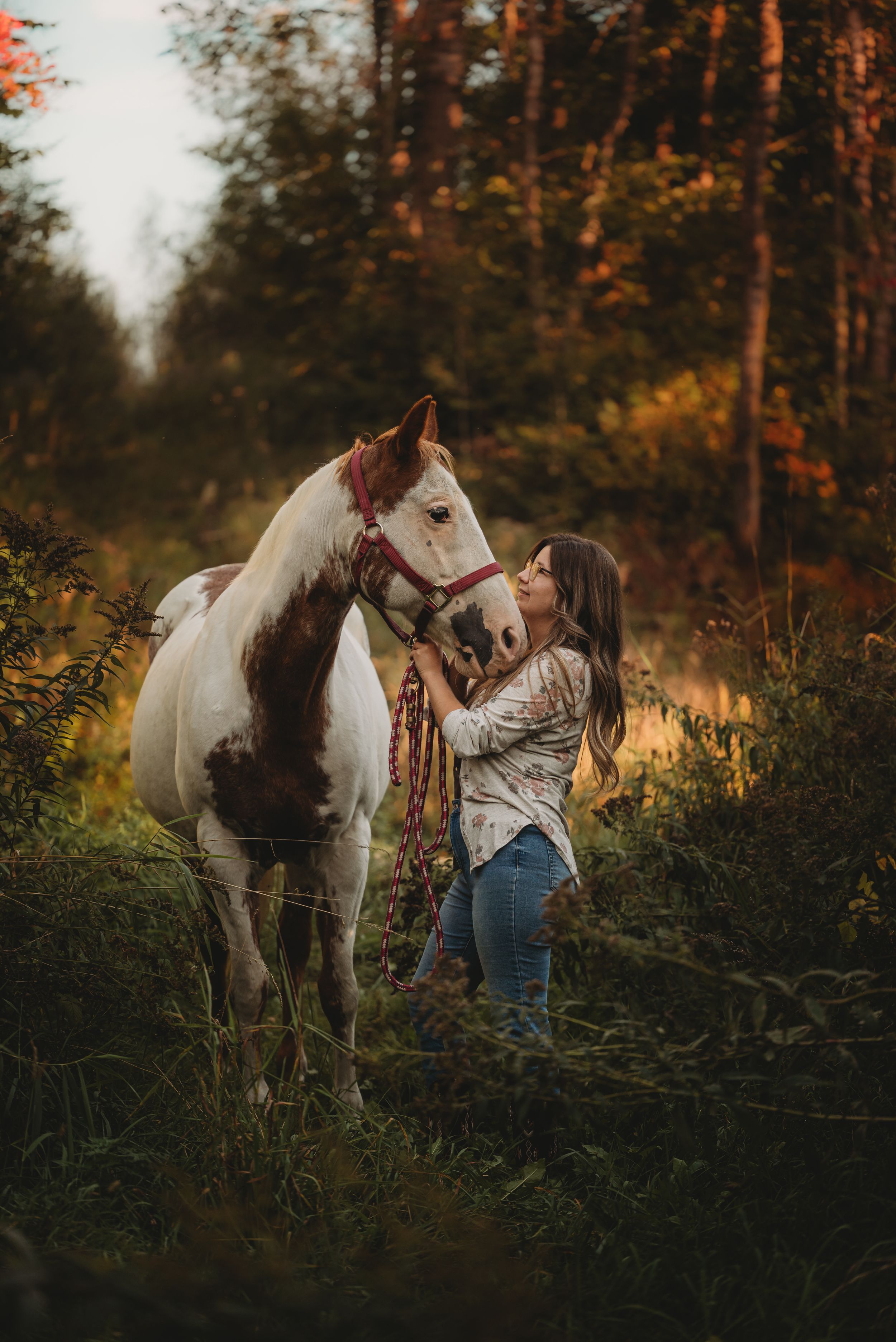 Beautiful white horse and companion sharing a tender moment in autumn forest setting.