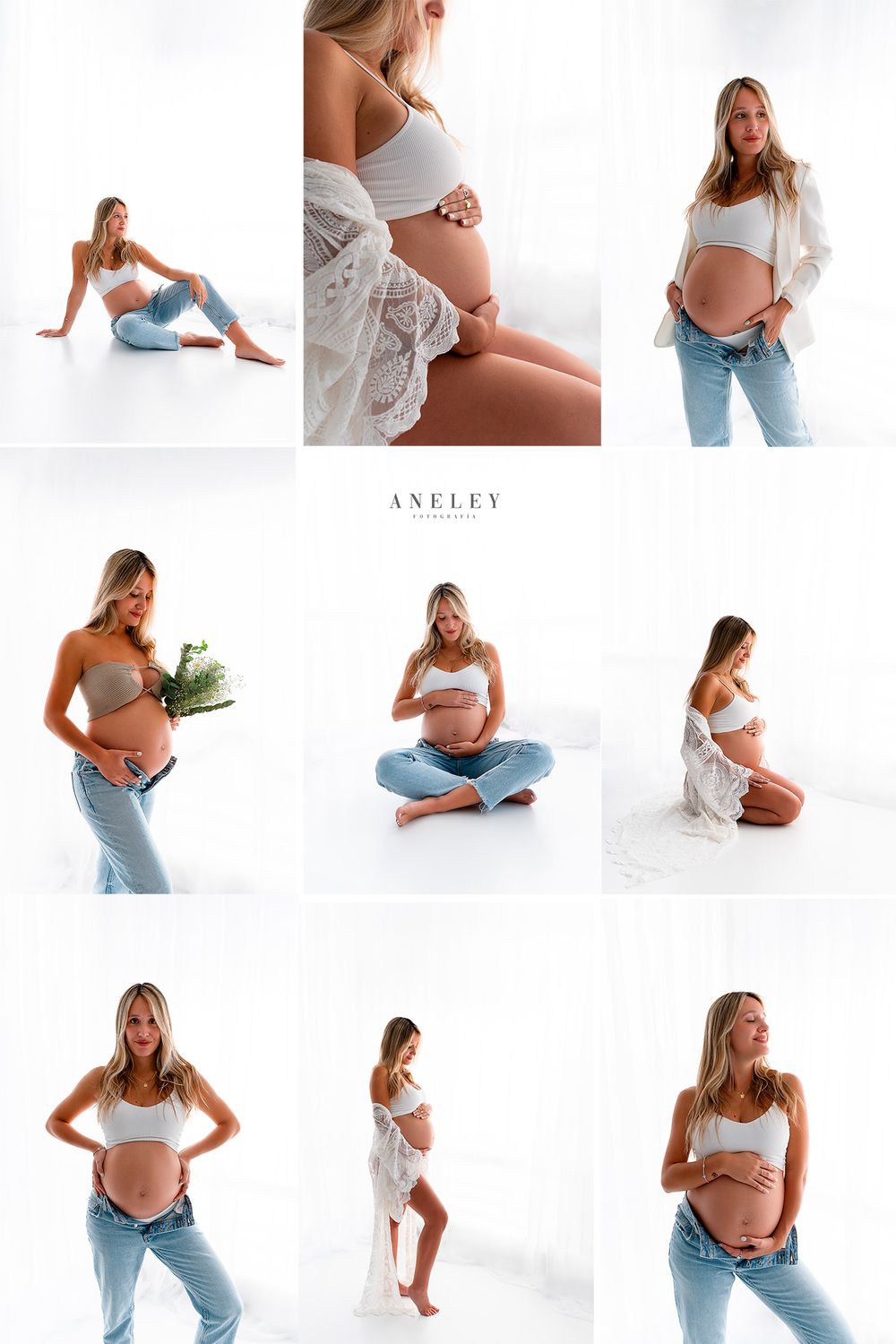Collection of maternity photoshoot poses in bright white studio setting.