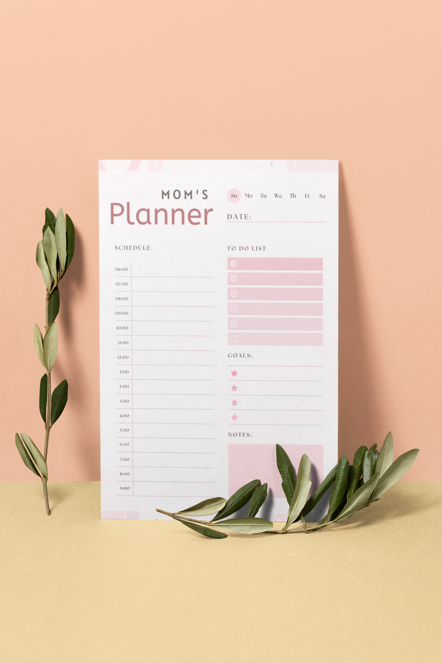 Pink and white Mom's Planner template with daily schedule layout decorated with olive branches.