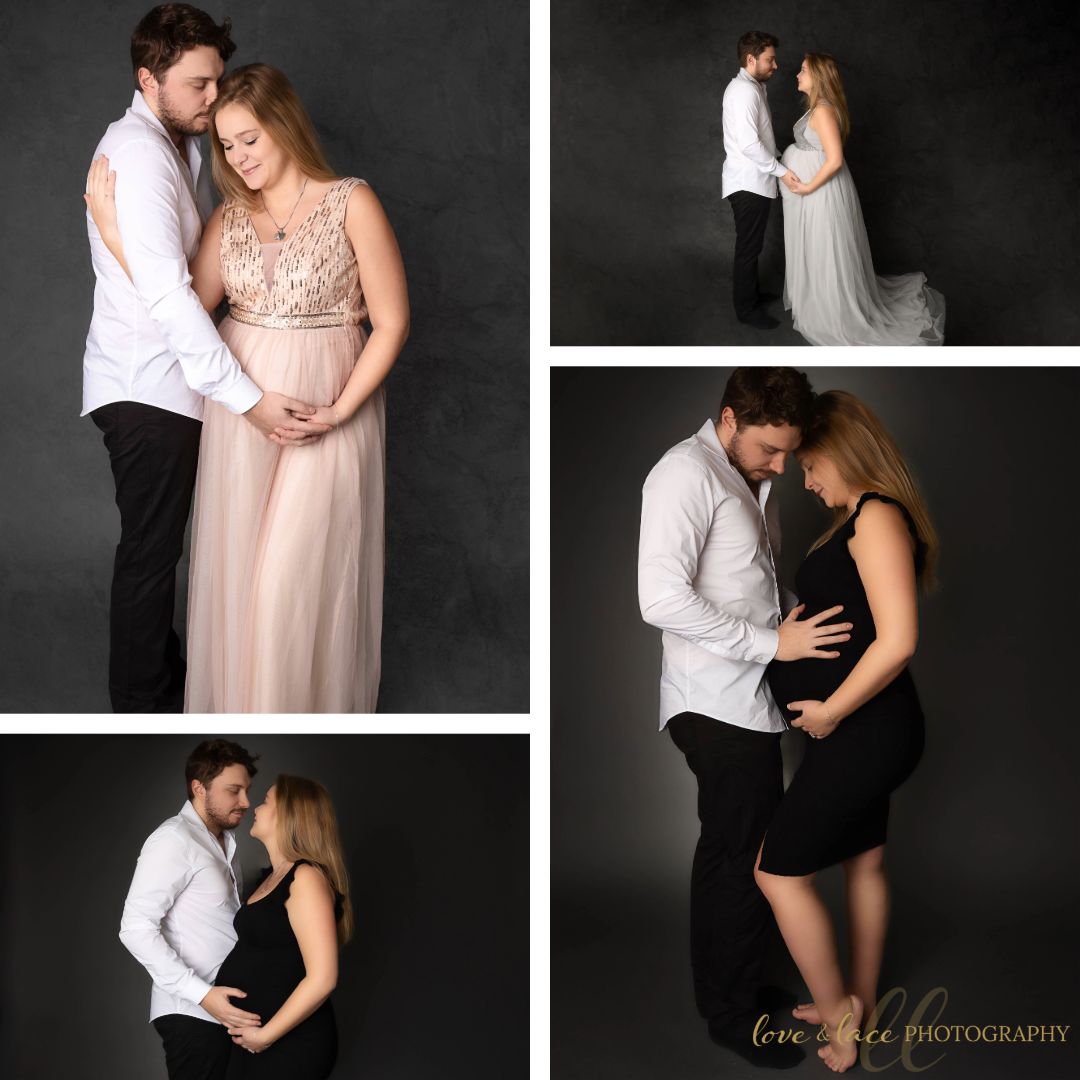 Artistic black and white maternity photography session with couple in formal attire.