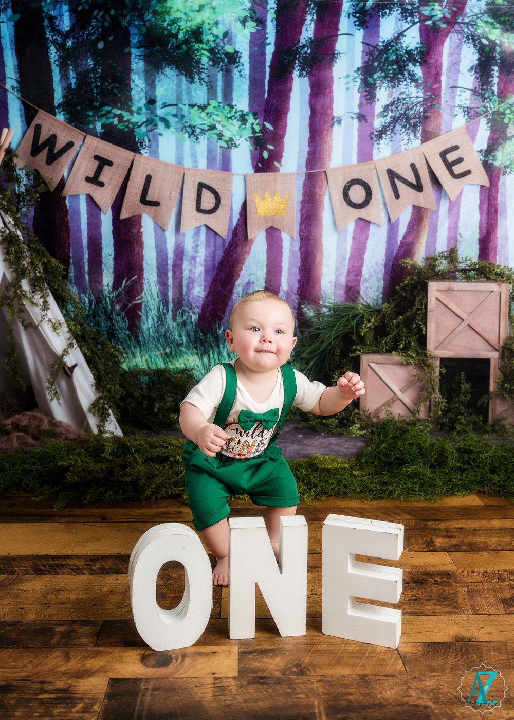 First birthday photo setup with 'Wild One' banner, large white 'ONE' letters and forest-themed backdrop.