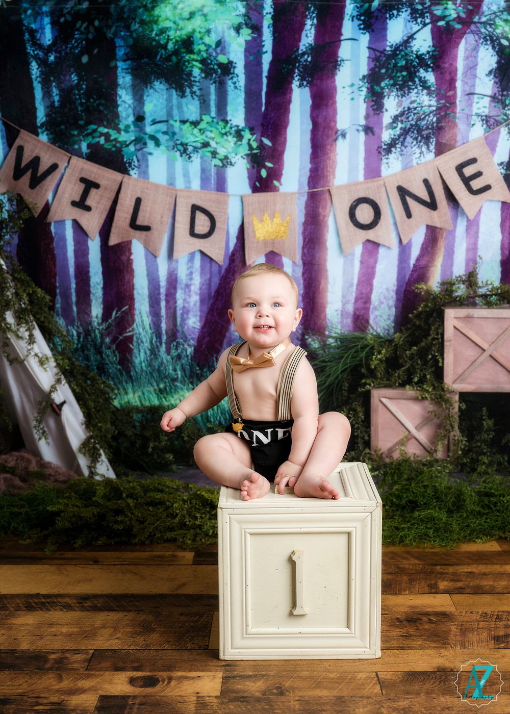 First birthday photoshoot with white numbered cube and 'Wild One' banner against forest backdrop.