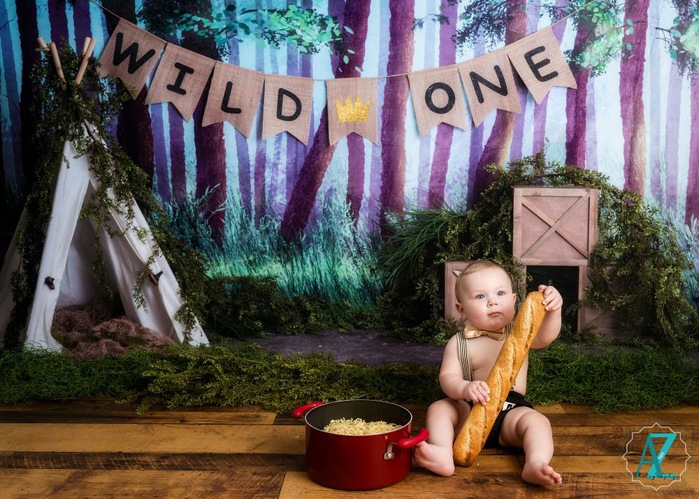 Rustic woodland themed birthday setup with 'Wild One' banner and red bowl against purple forest backdrop.