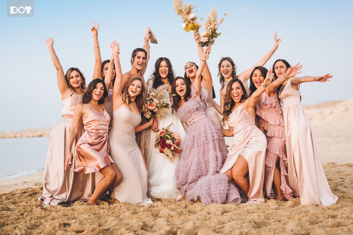 Wedding party in pink dresses celebrating joyfully on desert landscape.