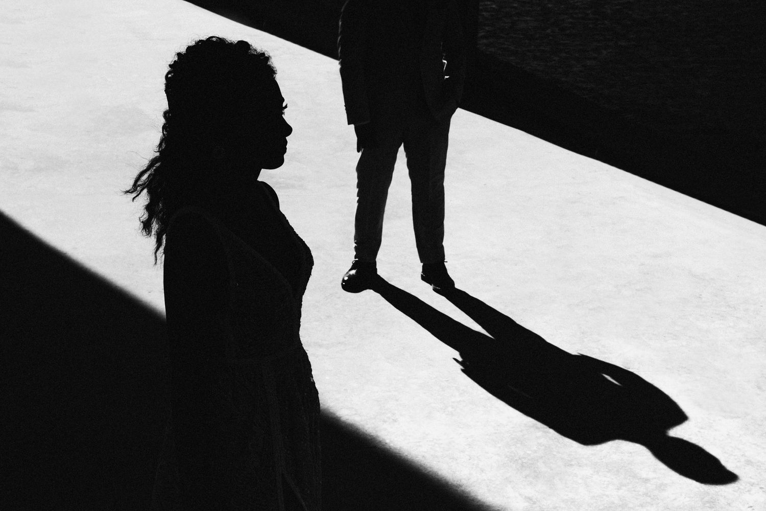 Dramatic black and white silhouettes cast on white background.