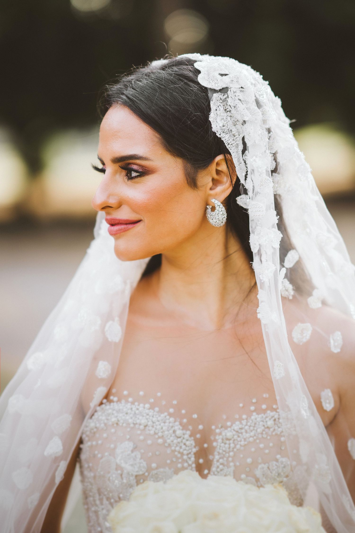 Close-up portrait of a bride wearing an ornate lace veil and crystal-embellished dress.