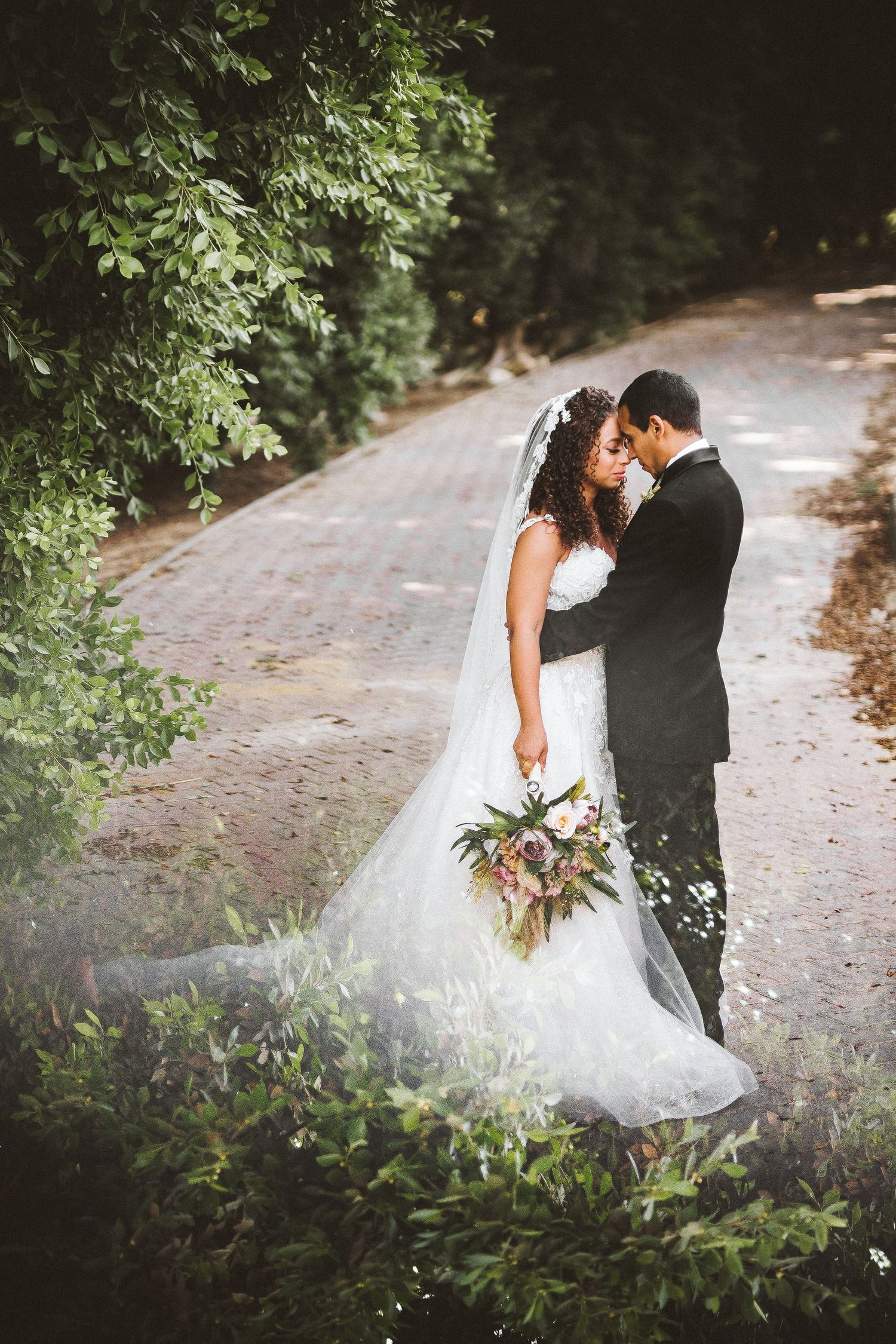 Romantic wedding couple poses on a tree-lined path in natural lighting.