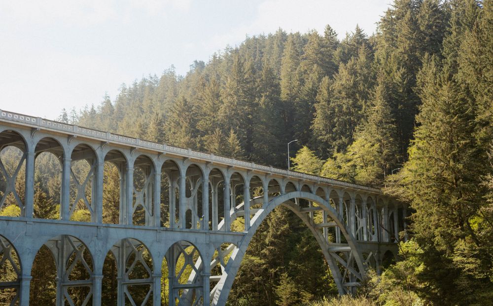 A majestic concrete bridge spans across a forested valley on a sunny day.