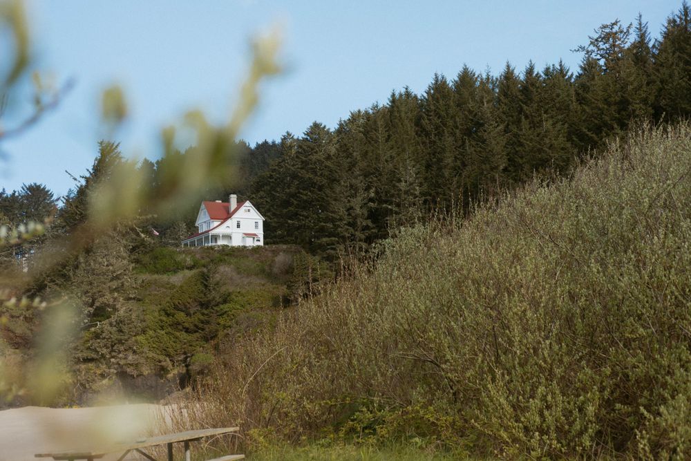 A scenic coastal landscape with white buildings nestled among evergreen trees.