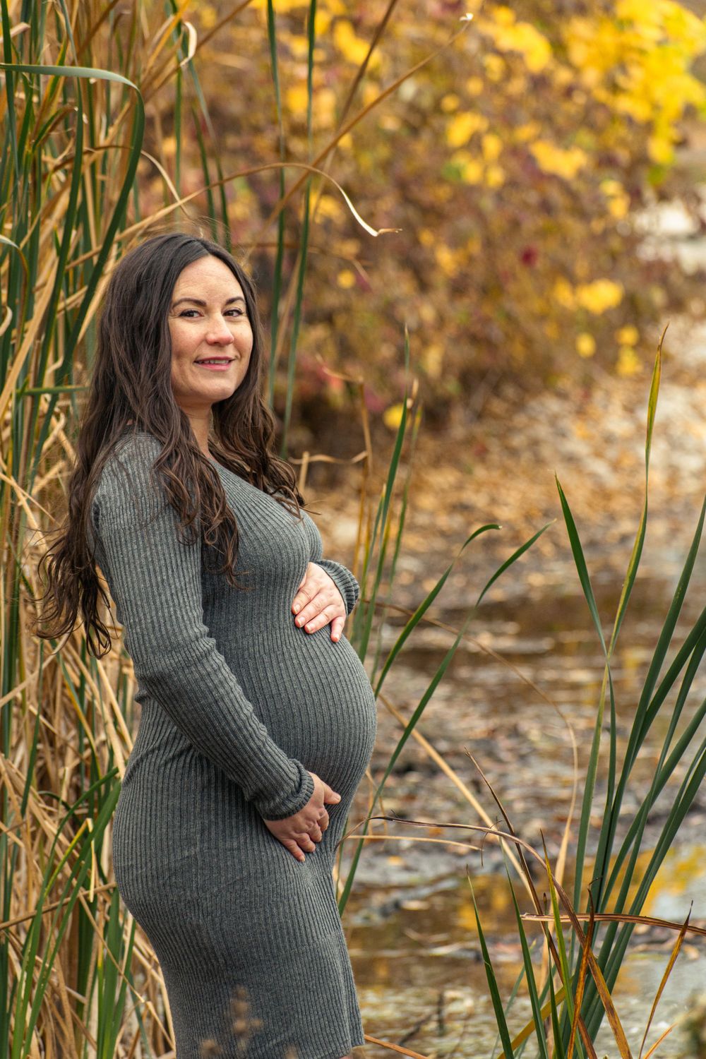 Maternity portrait among tall reeds and cattails by autumn waterside.