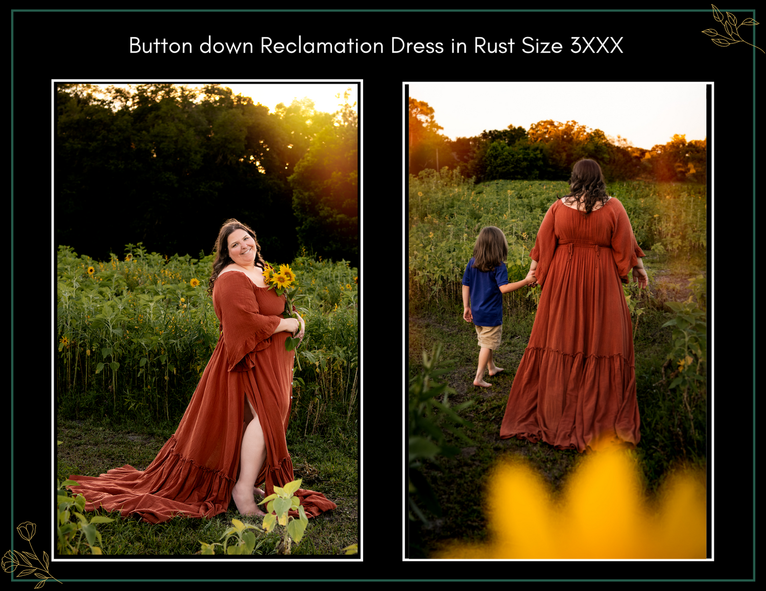 Model wearing rust button-down Reclamation maxi dress outdoors in sunflower field, size 3XXX.