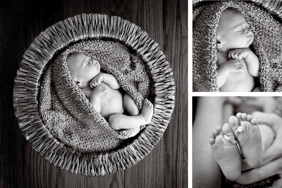 Black & White Newborn Baby Photograph of baby in a basket - Photos by Victoria Leigh Photography