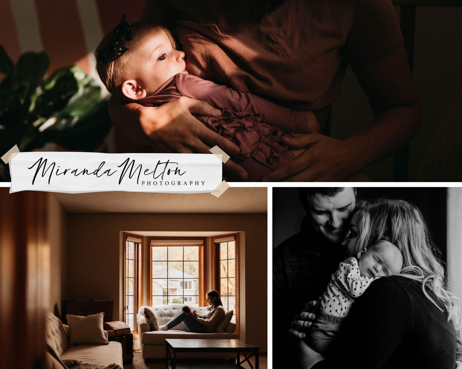 Collage of three in-home newborn photos in low light