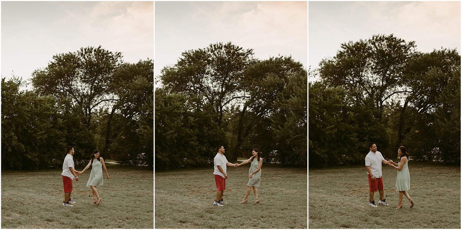 A sequence of three shots showing a couple dancing playfully in a field.