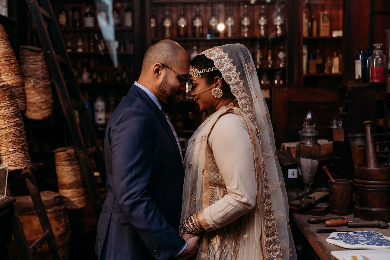 Pharmacy Museum, New Orleans, intimate ceremony, cultural ceremony, Hindu bride, details, couples portraits