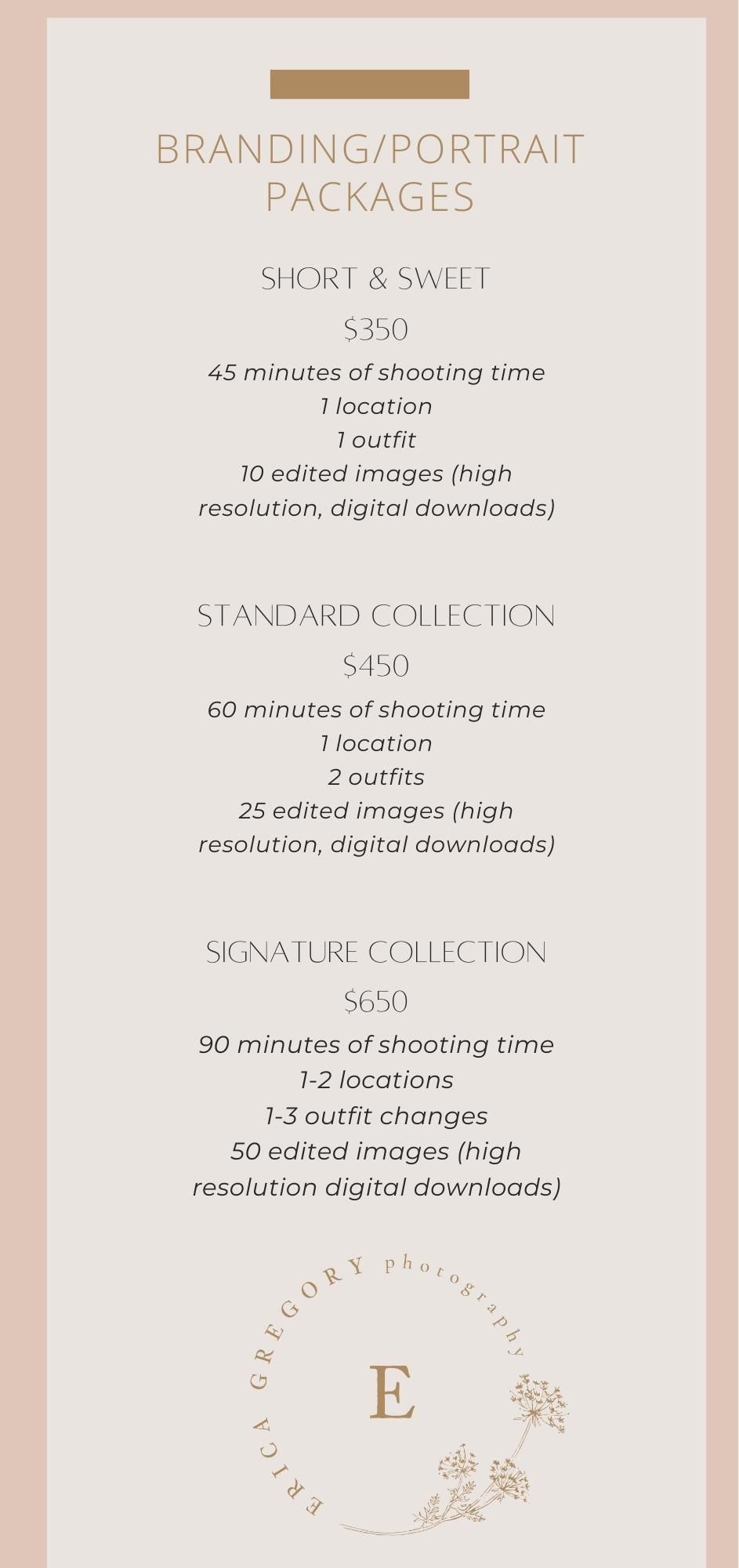 Photography pricing menu showing three tiers of portrait packages with service details and costs.