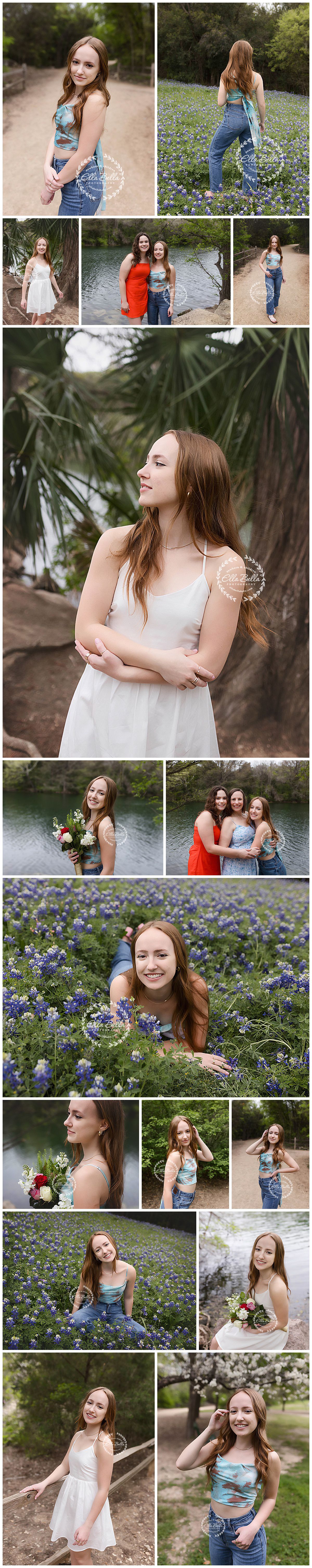 Collection of outdoor portraits amidst bluebonnets, by a lake, and among palm trees in various outfits.