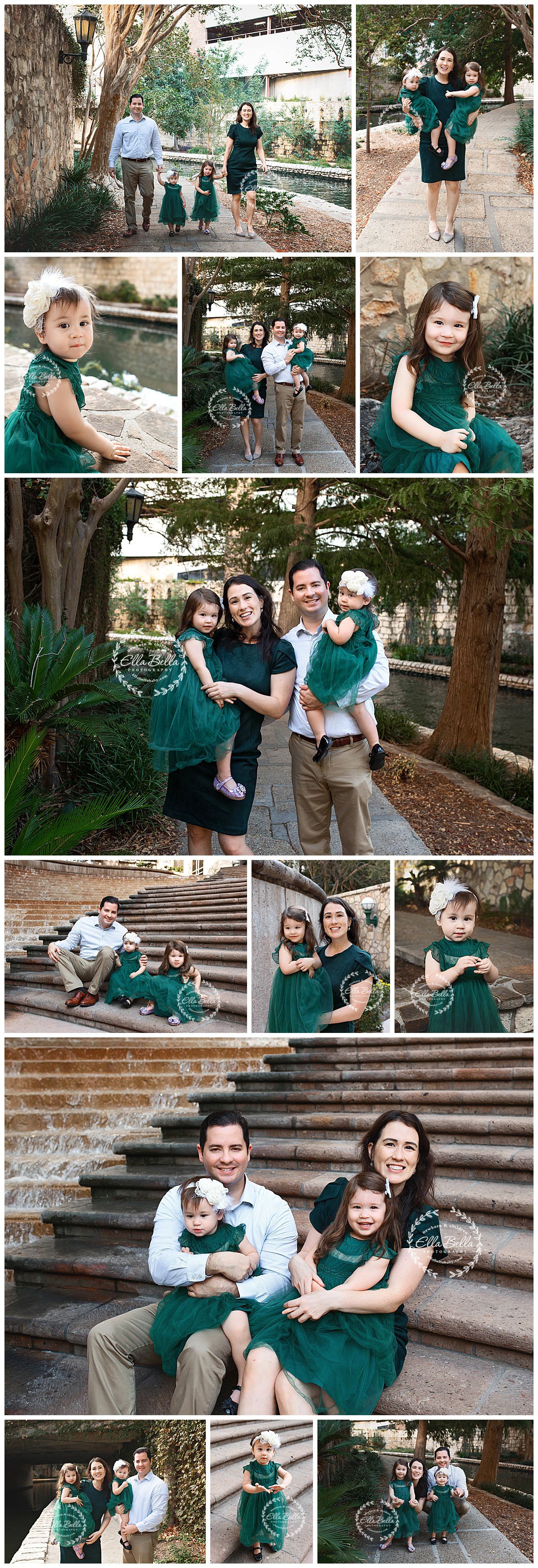 Collection of family photos with coordinated emerald green outfits in outdoor garden setting.