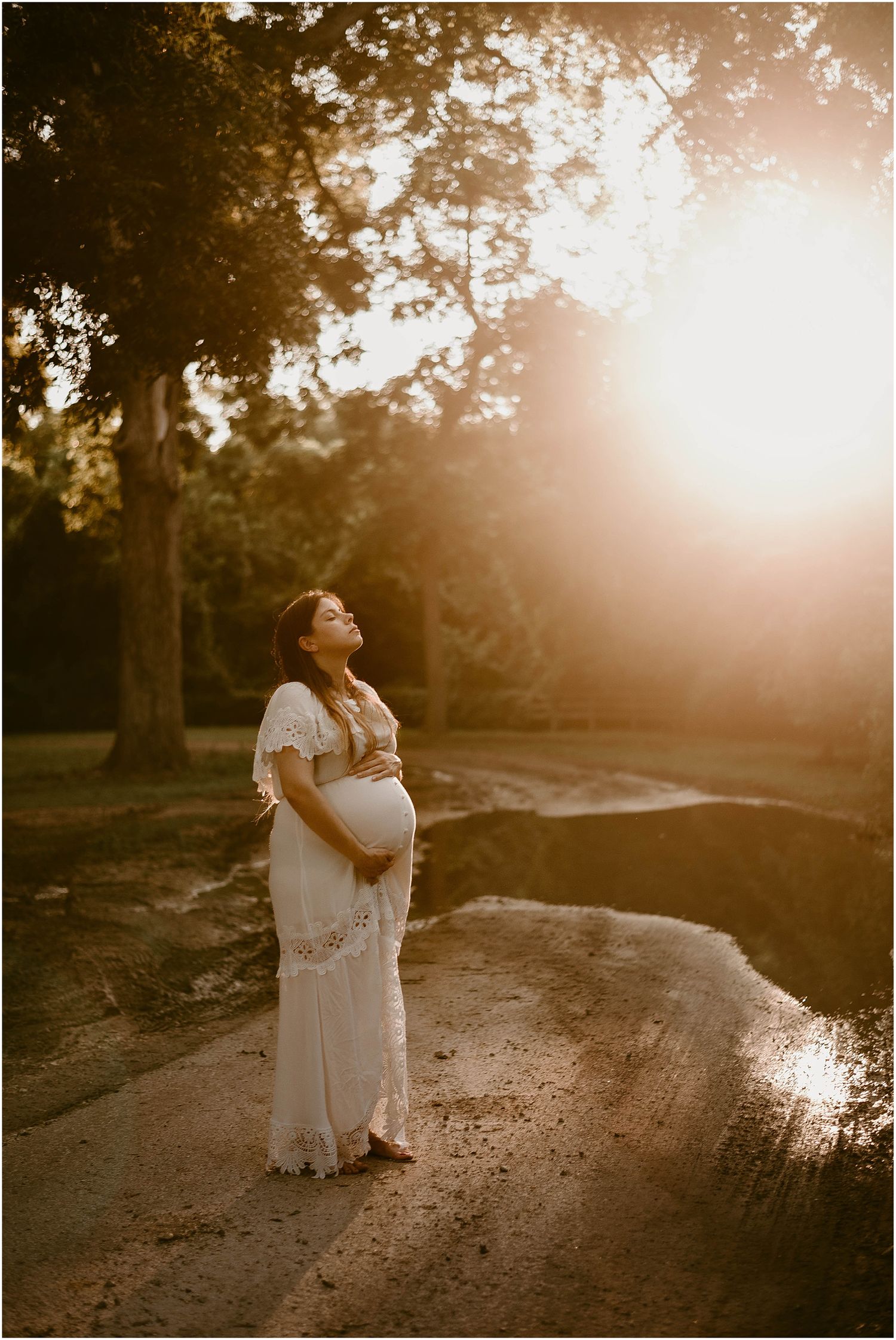 Backlit maternity silhouette looking up at sunset through tree branches.