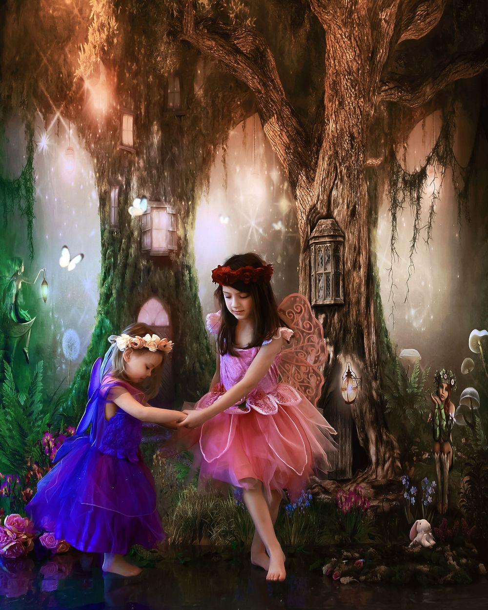 Two small fairies in purple and pink tulle dresses dance together in a magical forest setting with glowing lanterns and flowers.