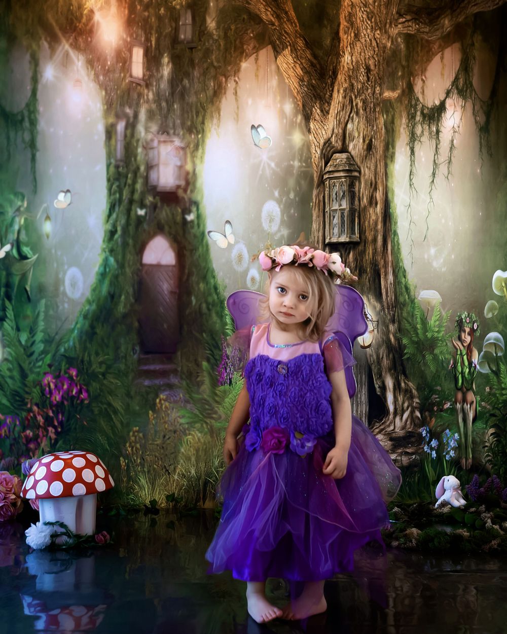 A small child in a purple fairy dress stands in a magical forest setting with bubbles and a red mushroom decoration.