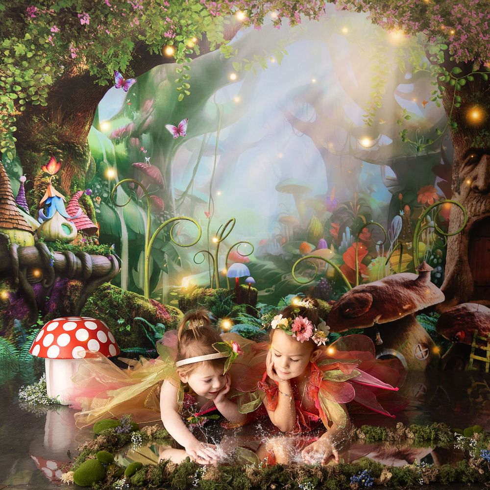 Whimsical fantasy scene in an enchanted forest with fairies, mushrooms, and ethereal glowing lights in a dreamy setting.