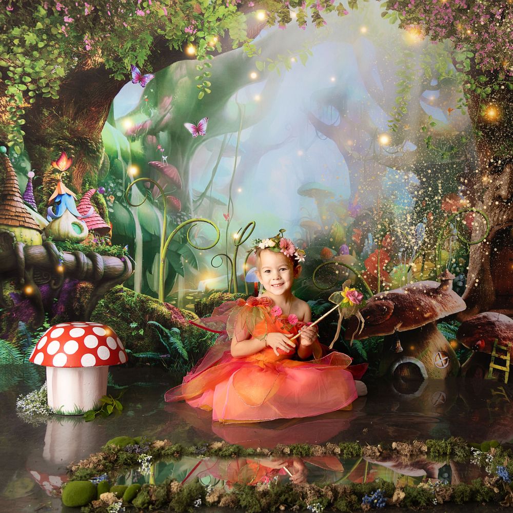 Whimsical fairy garden scene with glowing mushrooms, flowers and magical lighting effects in an enchanted forest setting.