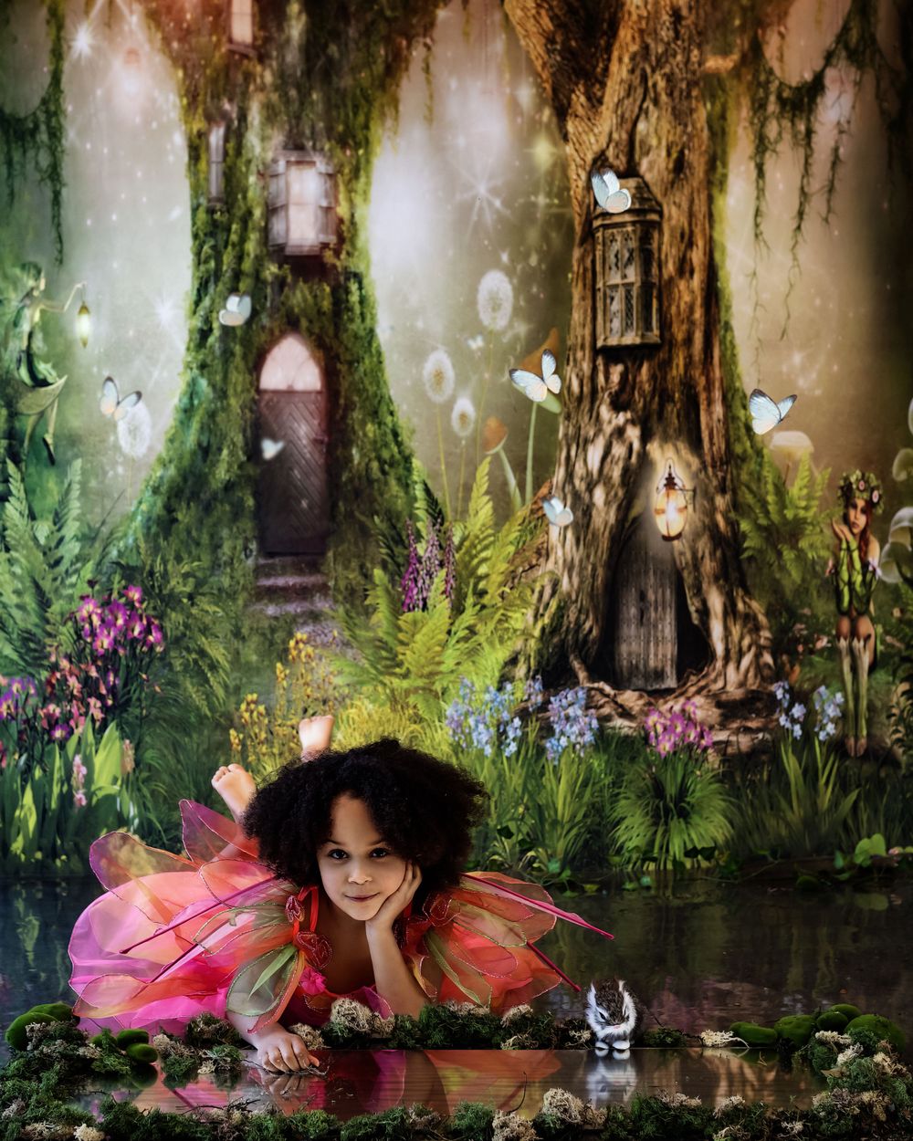 A magical forest scene with fairy lights, flowers, and a fairy in pink lounging by a pond with whimsical decorations.