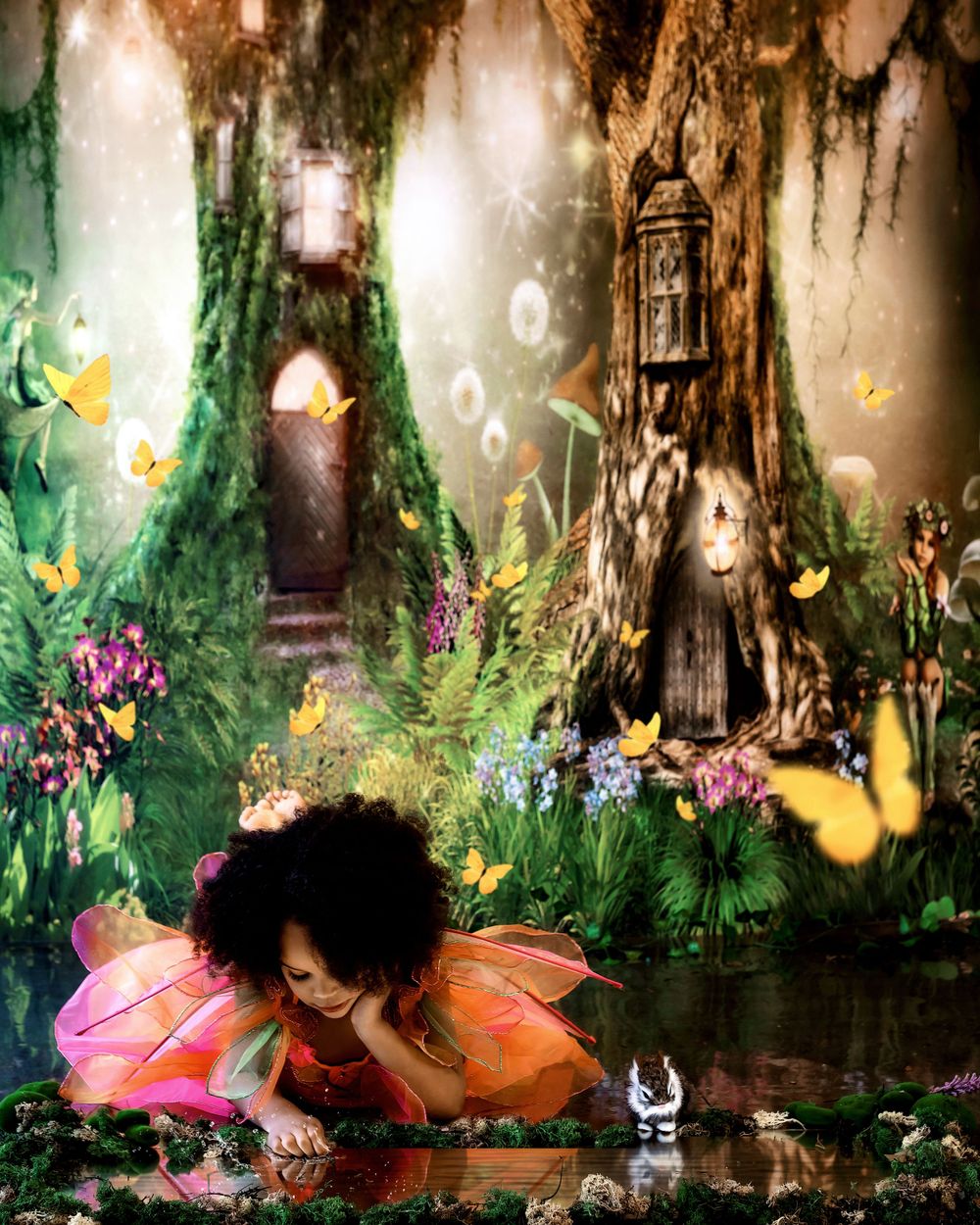 Magical forest scene with glowing lanterns, colorful butterflies, blooming flowers and a tiny bunny by a reflective pond.