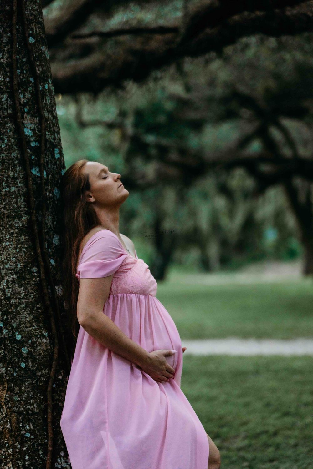 Woman in flowing pink maternity dress leaning against tree trunk in natural outdoor setting.