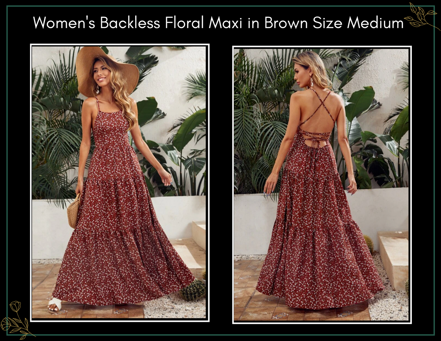 Women's brown floral backless maxi dress with spaghetti straps, shown in front and back views, size Medium.