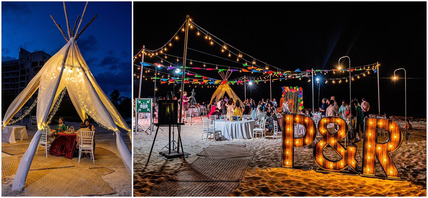 A teepee tent and beach reception area decorated with string lights and lanterns at night.