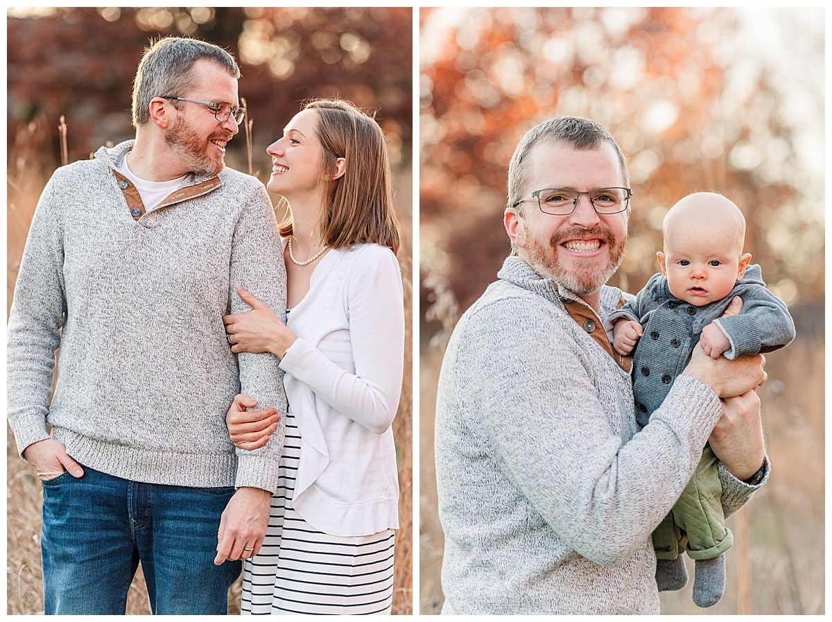 Cute photo of couple smiling at each other and father with baby son golden hour photos