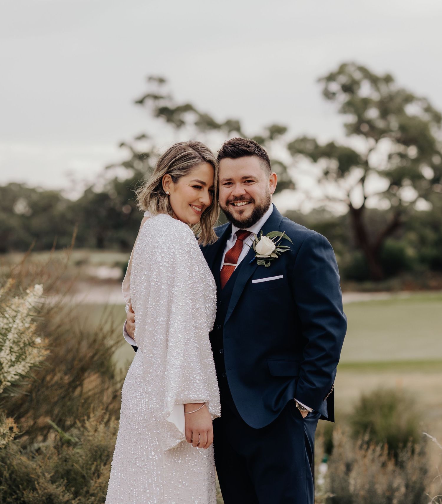 Sequence of romantic wedding portraits in outdoor Australian landscape.