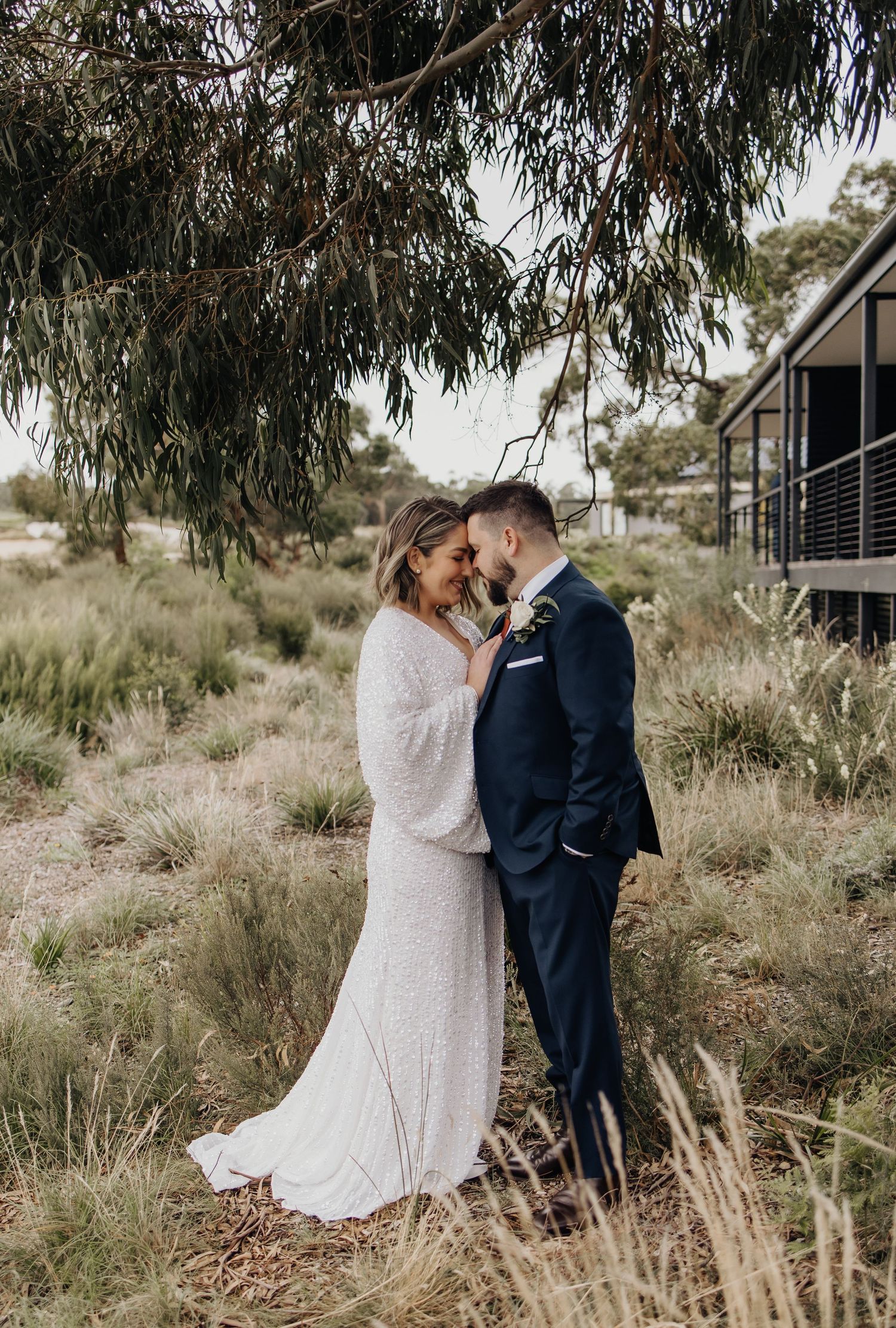 A sequence of intimate wedding photos captured in natural bushland setting.