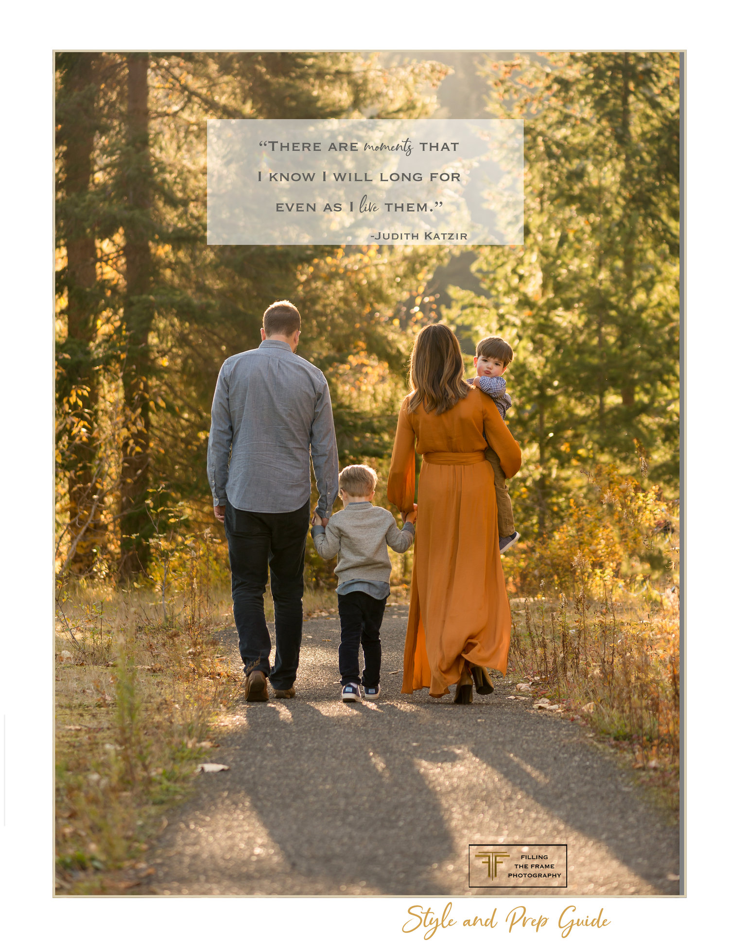 A family walks along a sunlit path through autumn trees with an inspirational quote overlay.