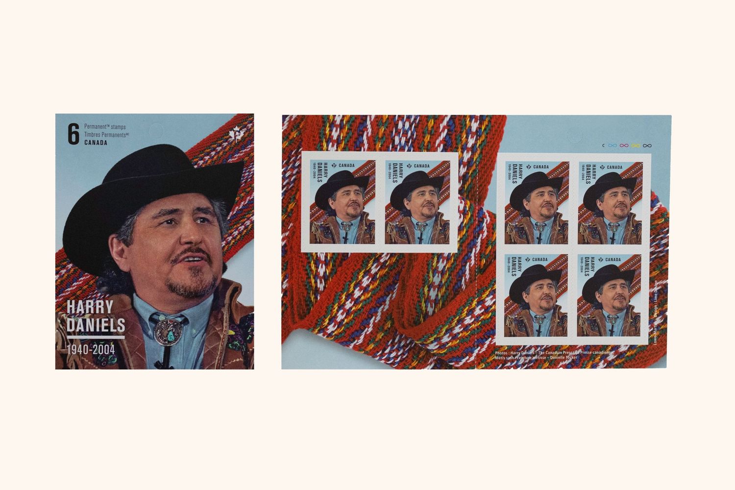 Harry Daniels with Metis sash behind him. A stamp for Canada Post honouring Indigenous leaders