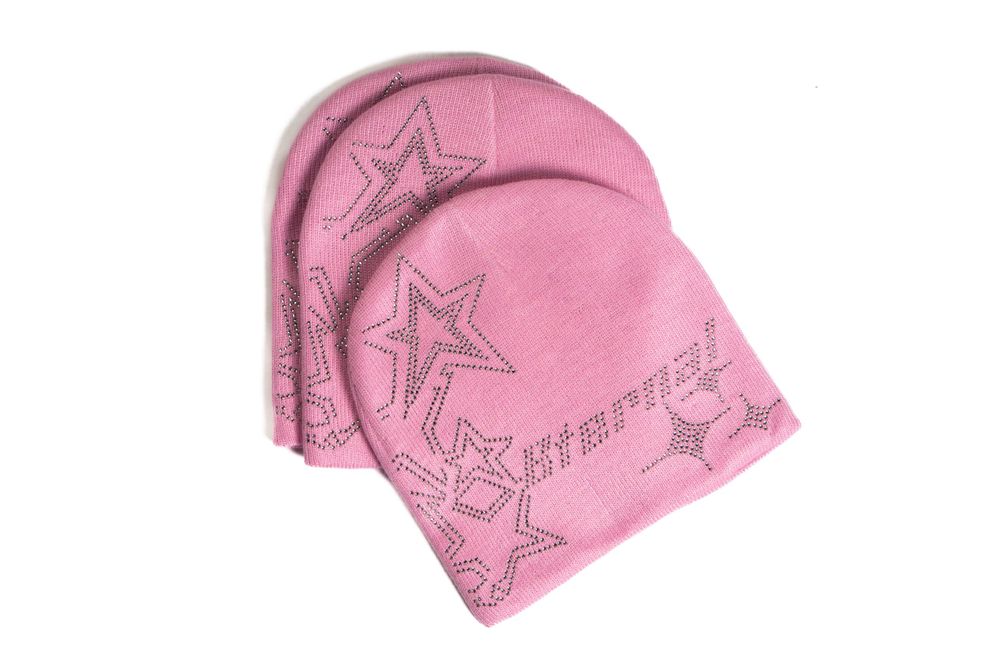 Pink embroidered beanie — soft studio product capture by Timoy B Photography.